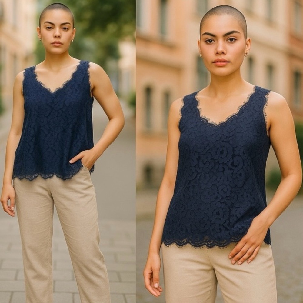 Joie Navy Lace Eyelash V-neck Sleeveless Top Size S